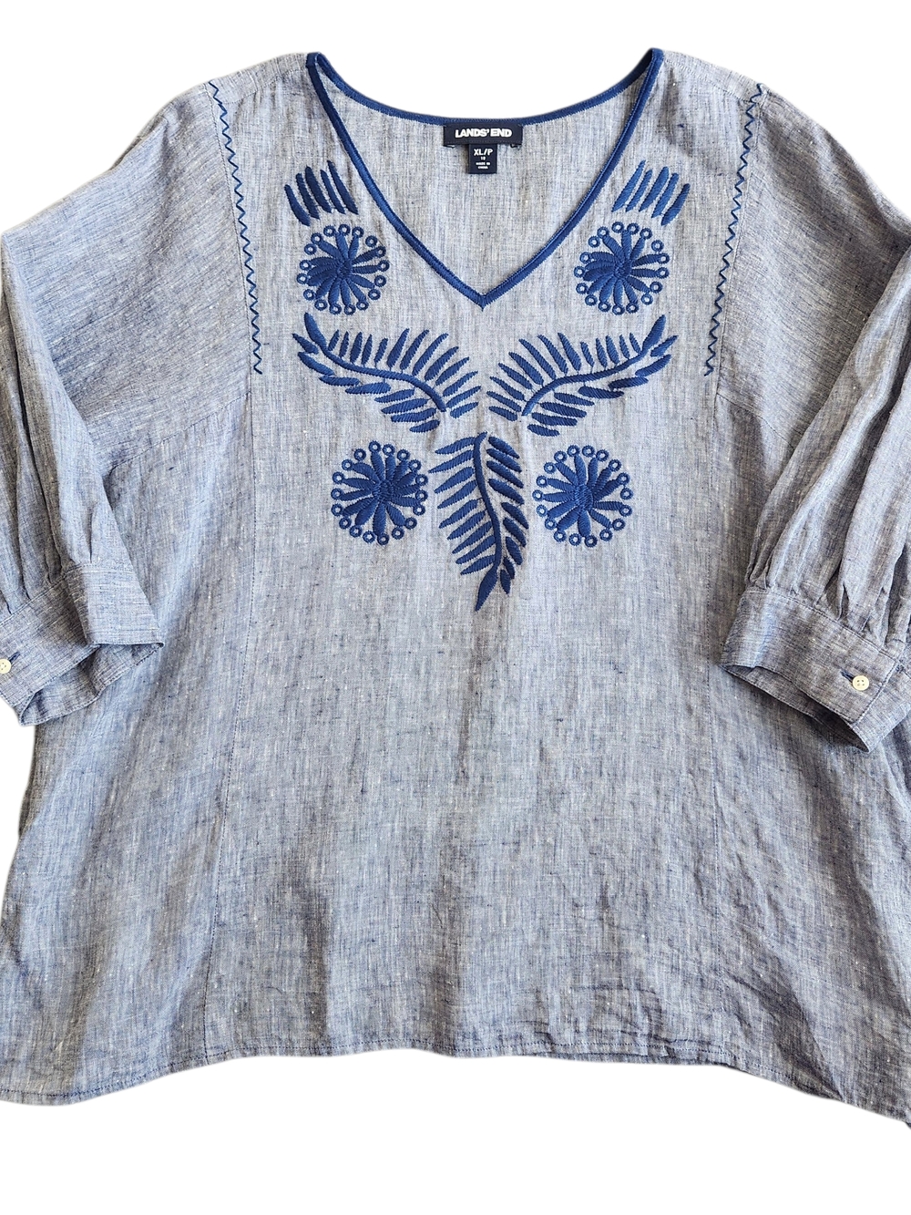 Lands' End Embroidered 100% Linen Top Tunic Blouse Women's XL Petite Blue Resort